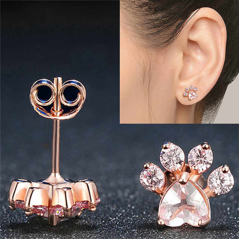 New Shiny Pink Stud Earrings CZ Bear Jewelry Dog Paw Print Earring Female  Piercing Rose Gold Small Animal Earrings for Women|animal earrings for  women|animal earringsstud earrings - AliExpress