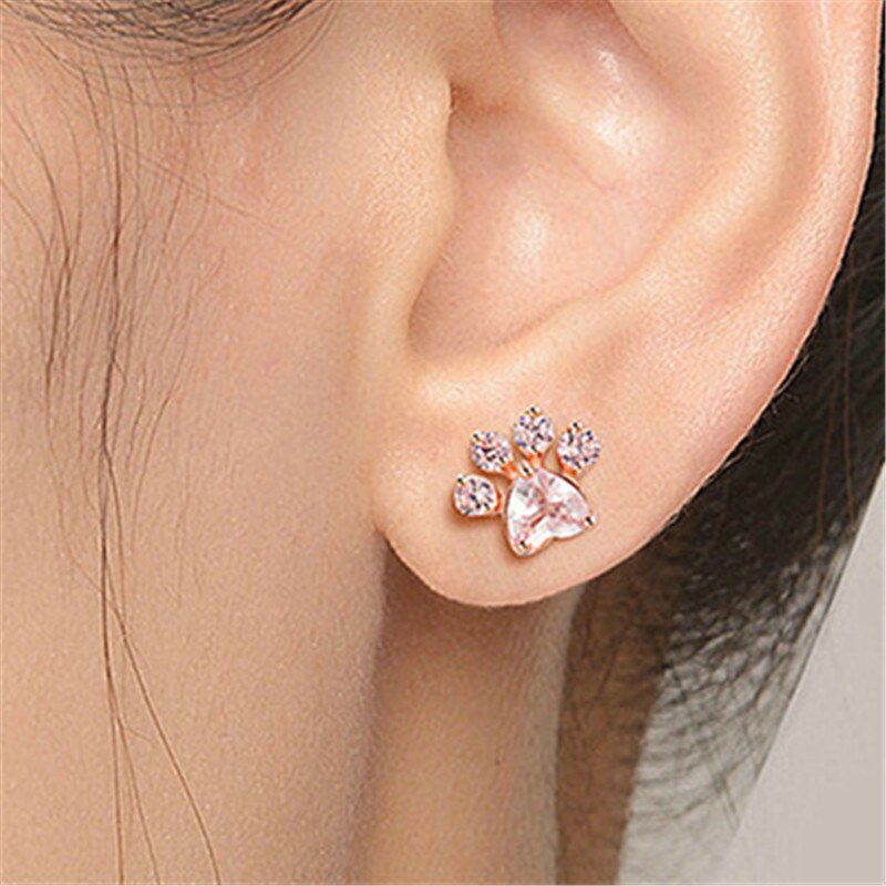 Pink Stud Earrings CZ Bear Jewelry Dog Paw Print Earring Female Piercing  Rose Gold Small Animal Earrings for Women|Stud Earrings| - AliExpress