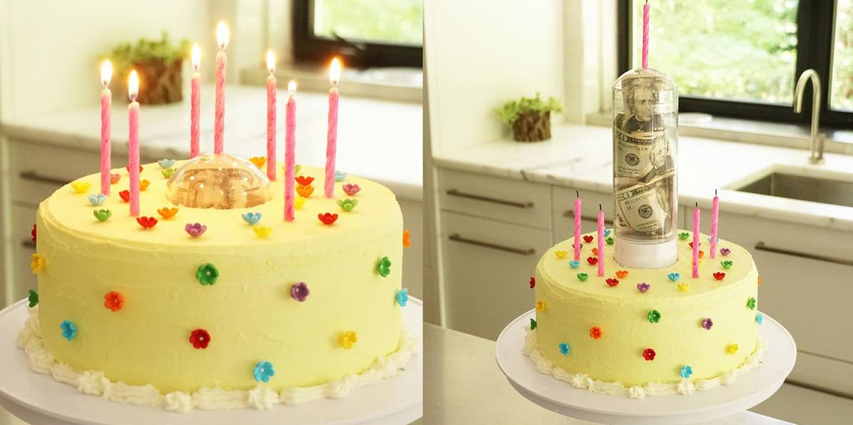 Surpresa bolo Stand aparece um presente secreto fora do centro do bolo - Prank cake stand